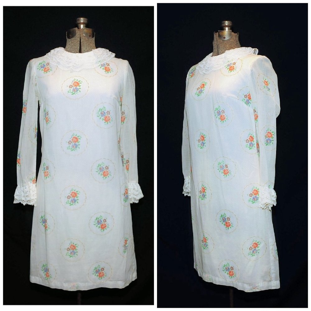 VTG 70's Floral Cotton Illusion & Lace Shift Dress